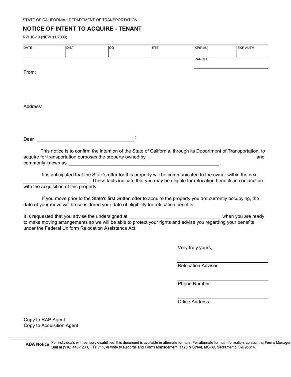 Form RW10-10 Notice of Intent to Acquire - Tenant - California, Page 1