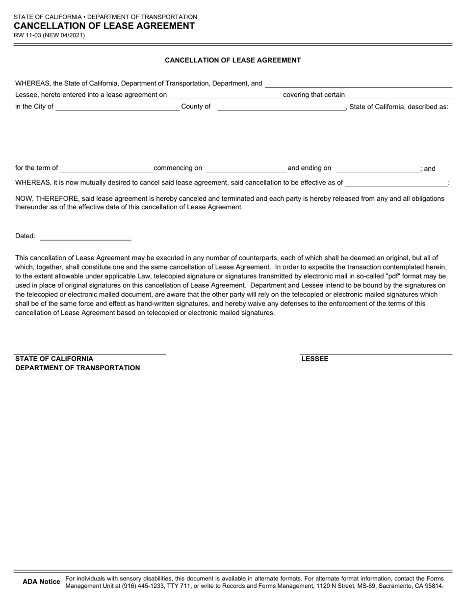 Form RW11-03 Cancellation of Lease Agreement - California, Page 1