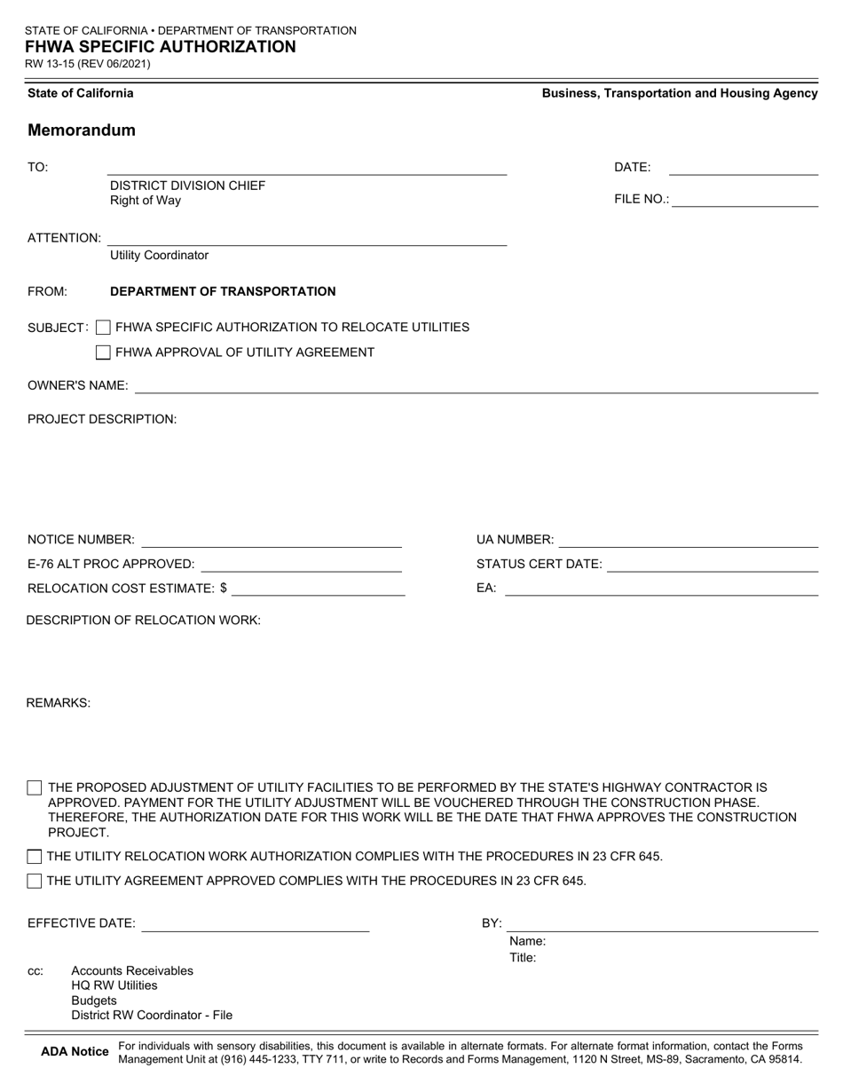 Form RW13-15 Fhwa Specific Authorization - California, Page 1