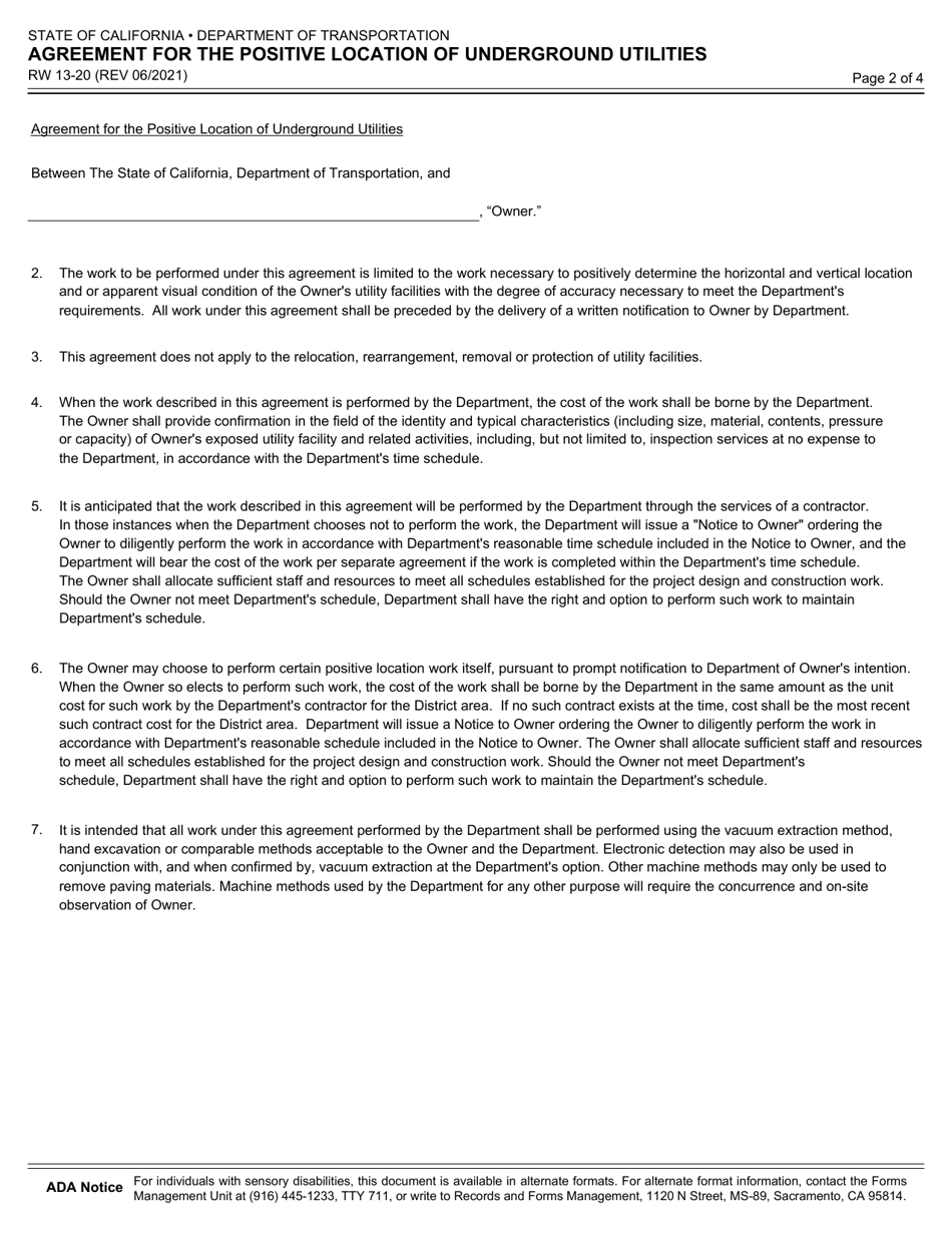 Form RW13-20 Agreement for the Positive Location of Underground Utilities - California, Page 2