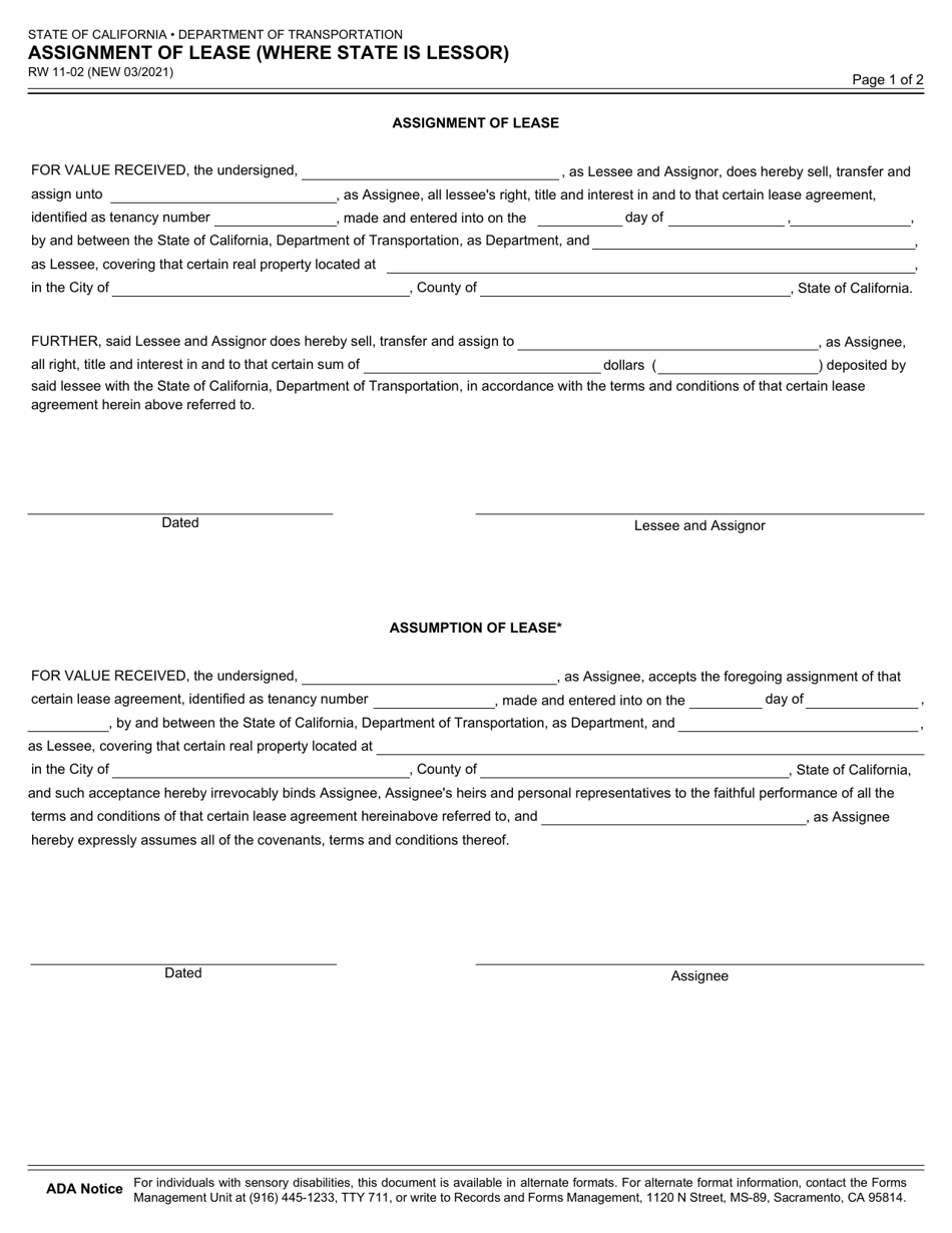 Form RW11-02 Assignment of Lease (Where State Is Lessor) - California, Page 1