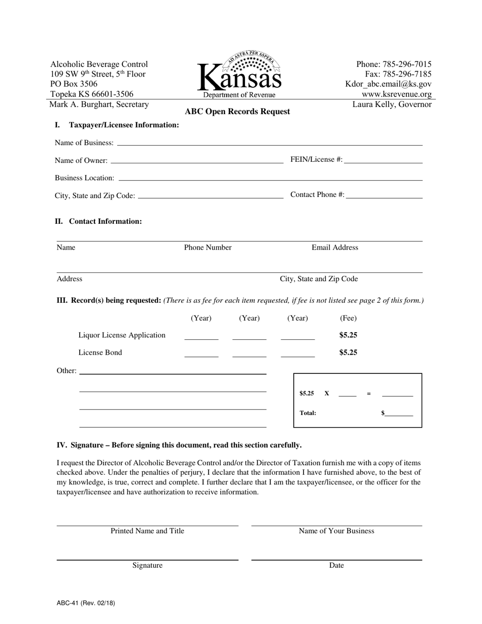 Form ABC-41 Abc Open Records Request - Kansas, Page 1