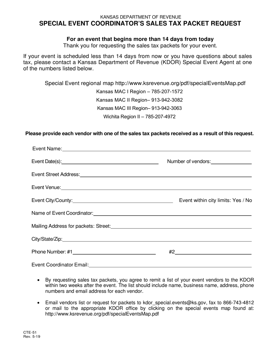 Form CTE-51 Special Event Coordinators Sales Tax Packet Request - Kansas, Page 1
