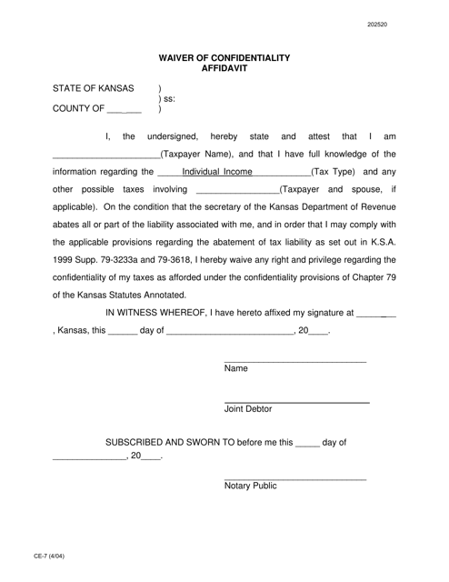 Form CE-7 Waiver of Confidentiality Affidavit - Kansas