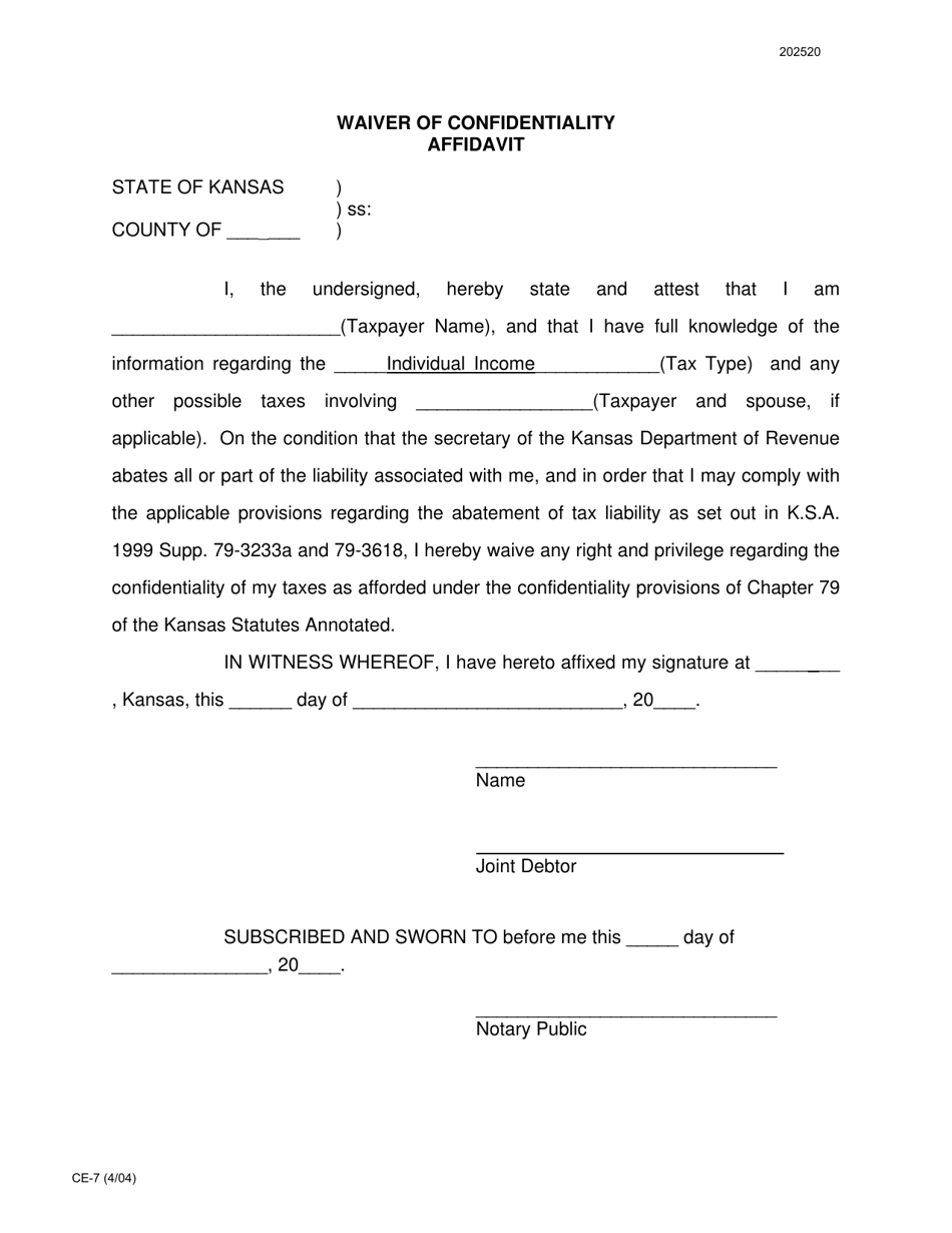 Form CE-7 Waiver of Confidentiality Affidavit - Kansas, Page 1