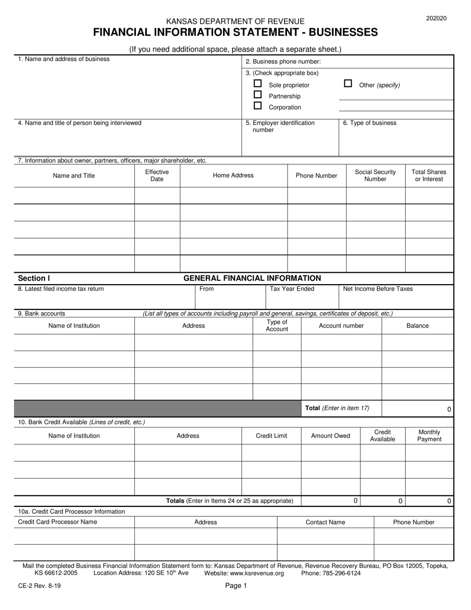 Form CE-2 Financial Information Statement - Businesses - Kansas, Page 1