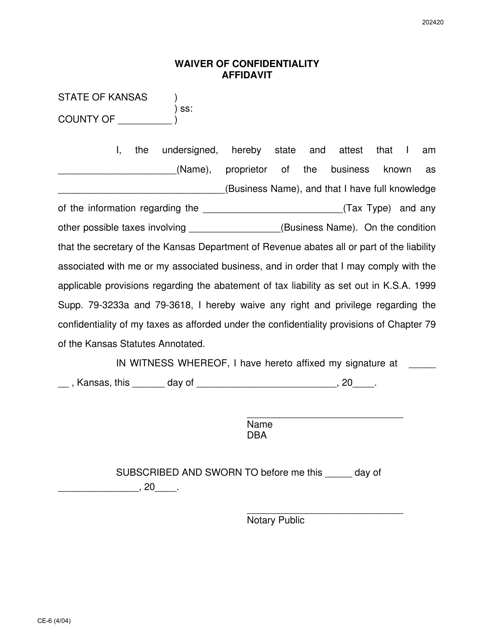 Form CE-6 Waiver of Confidentiality Affidavit - Kansas