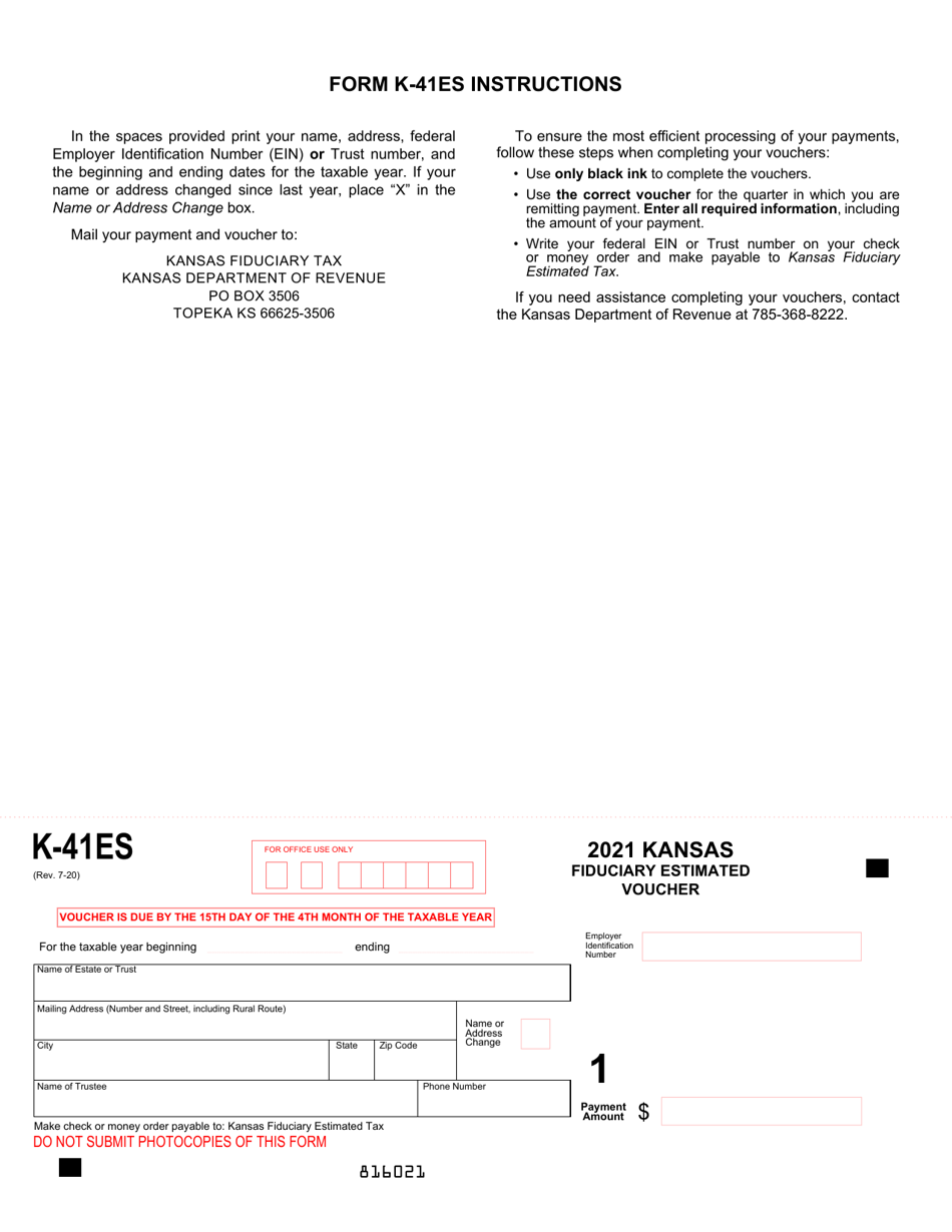 Form K-41ES Kansas Fiduciary Estimated Voucher - Kansas, Page 1