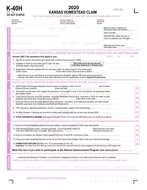 Form K-40H 2020 Printable Pdf