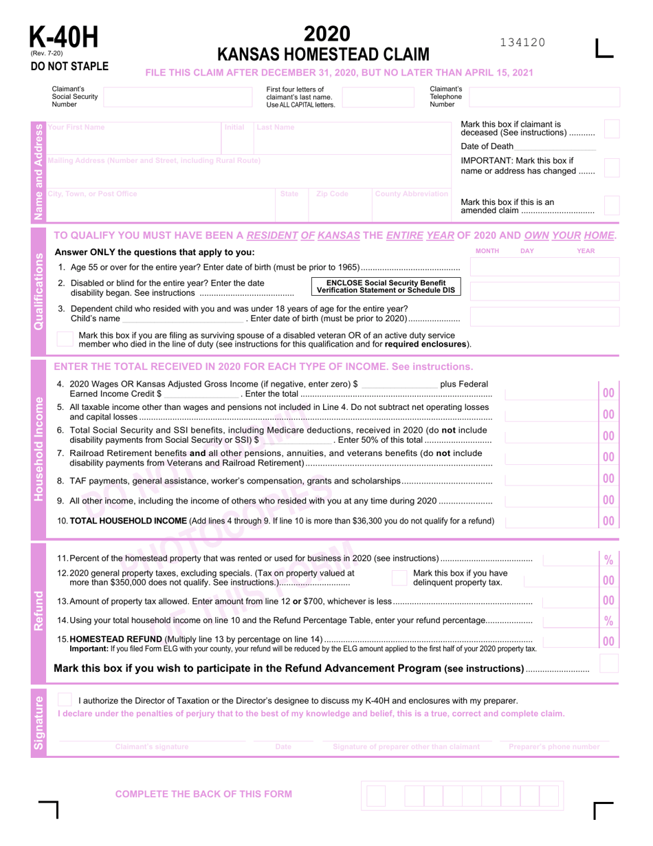 Form K40H Download Fillable PDF or Fill Online Kansas Homestead Claim