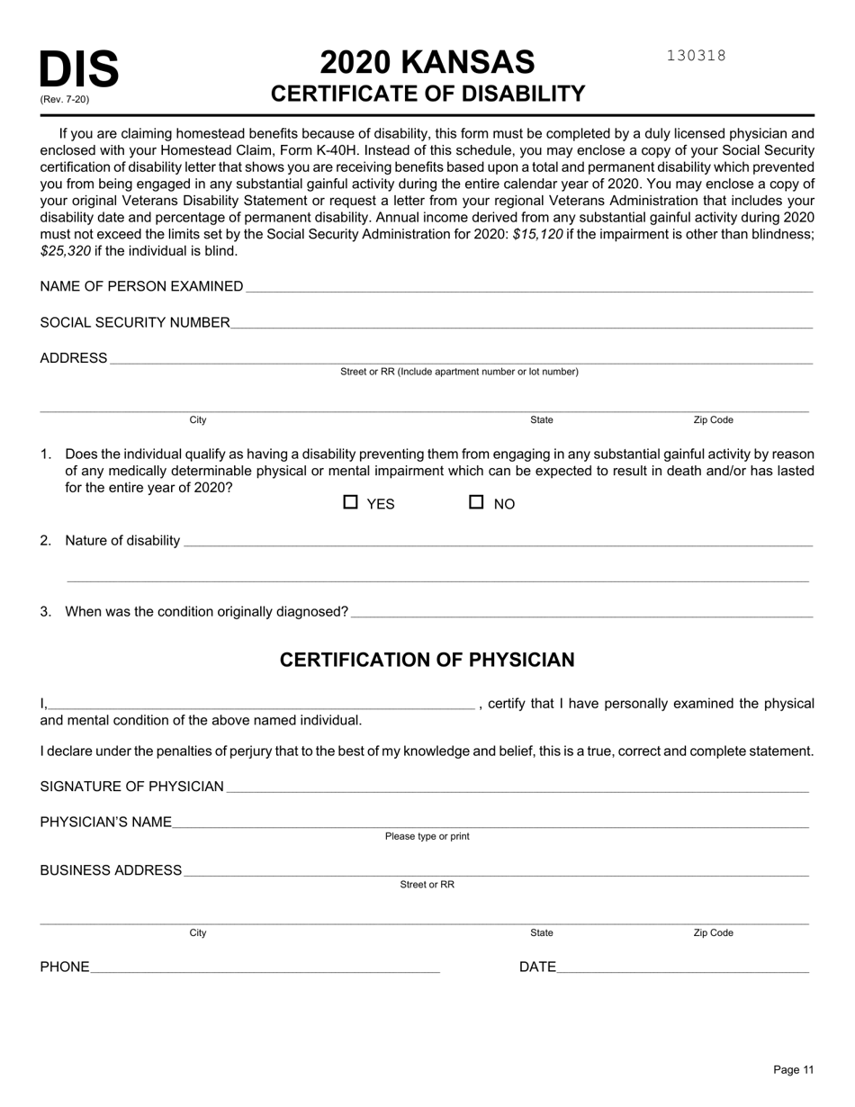 Form DIS Certificate of Disability - Kansas, Page 1