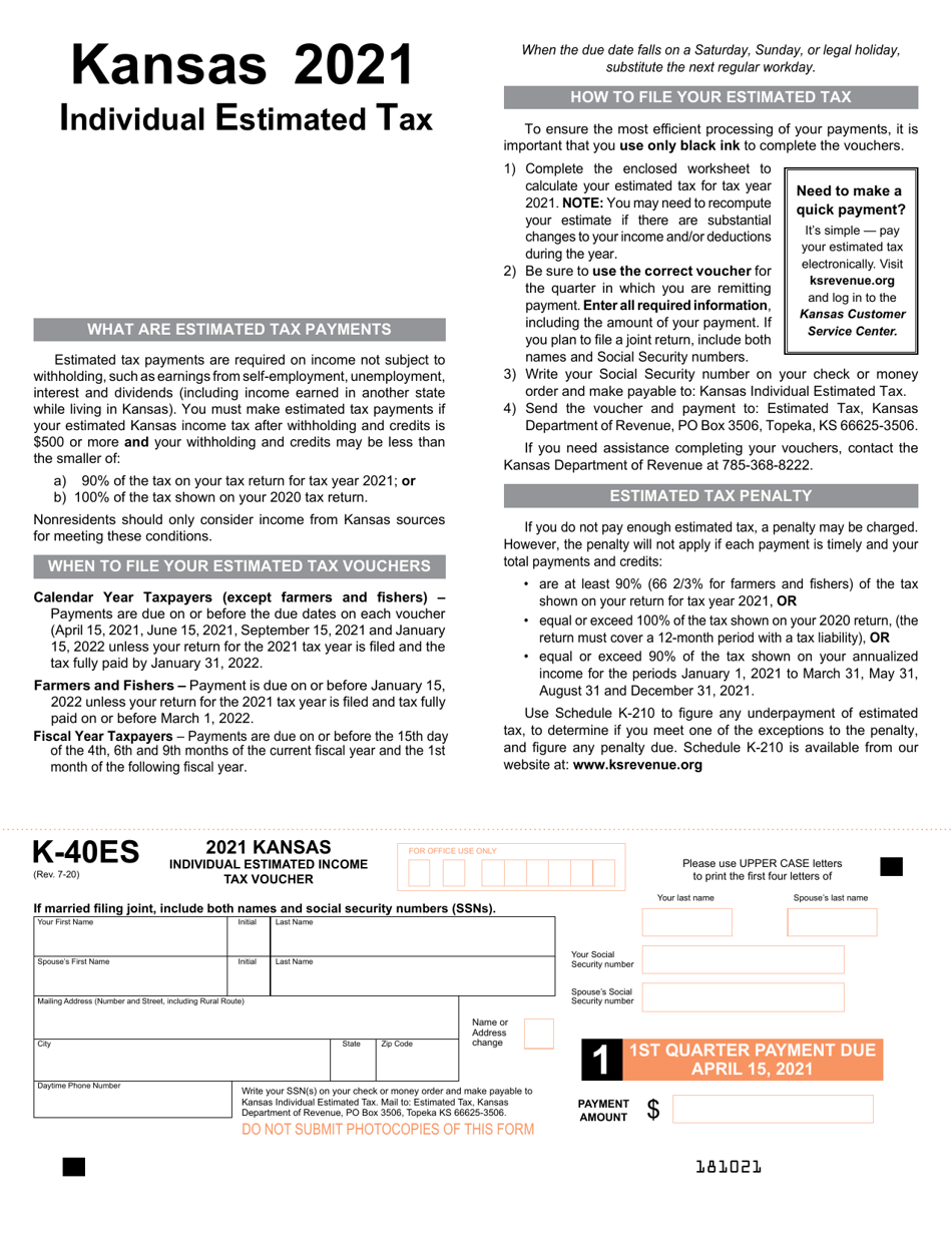 Form K-40ES Kansas Individual Estimated Income Tax Voucher - Kansas, Page 1