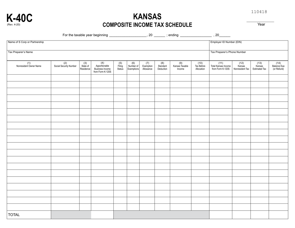 Schedule K-40C Kansas Composite Income Tax Schedule - Kansas, Page 1