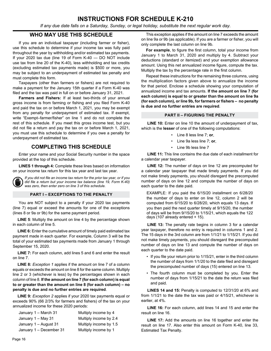 Schedule K-210 Kansas Underpayment of Estimated Tax (Individual Income Tax) - Kansas, Page 2