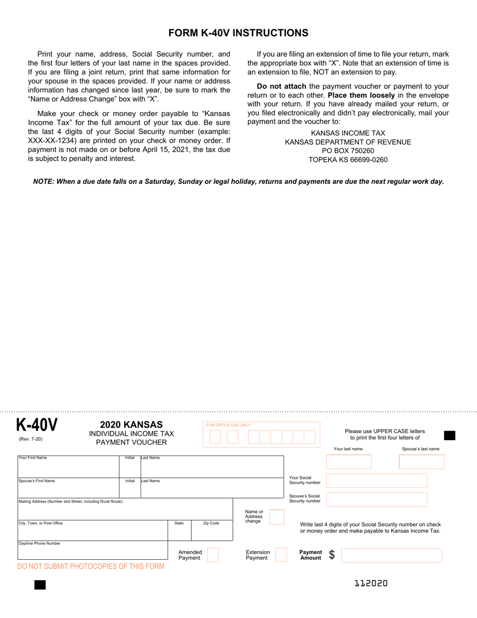 Form K-40V Kansas Individual Income Tax Payment Voucher - Kansas, Page 1