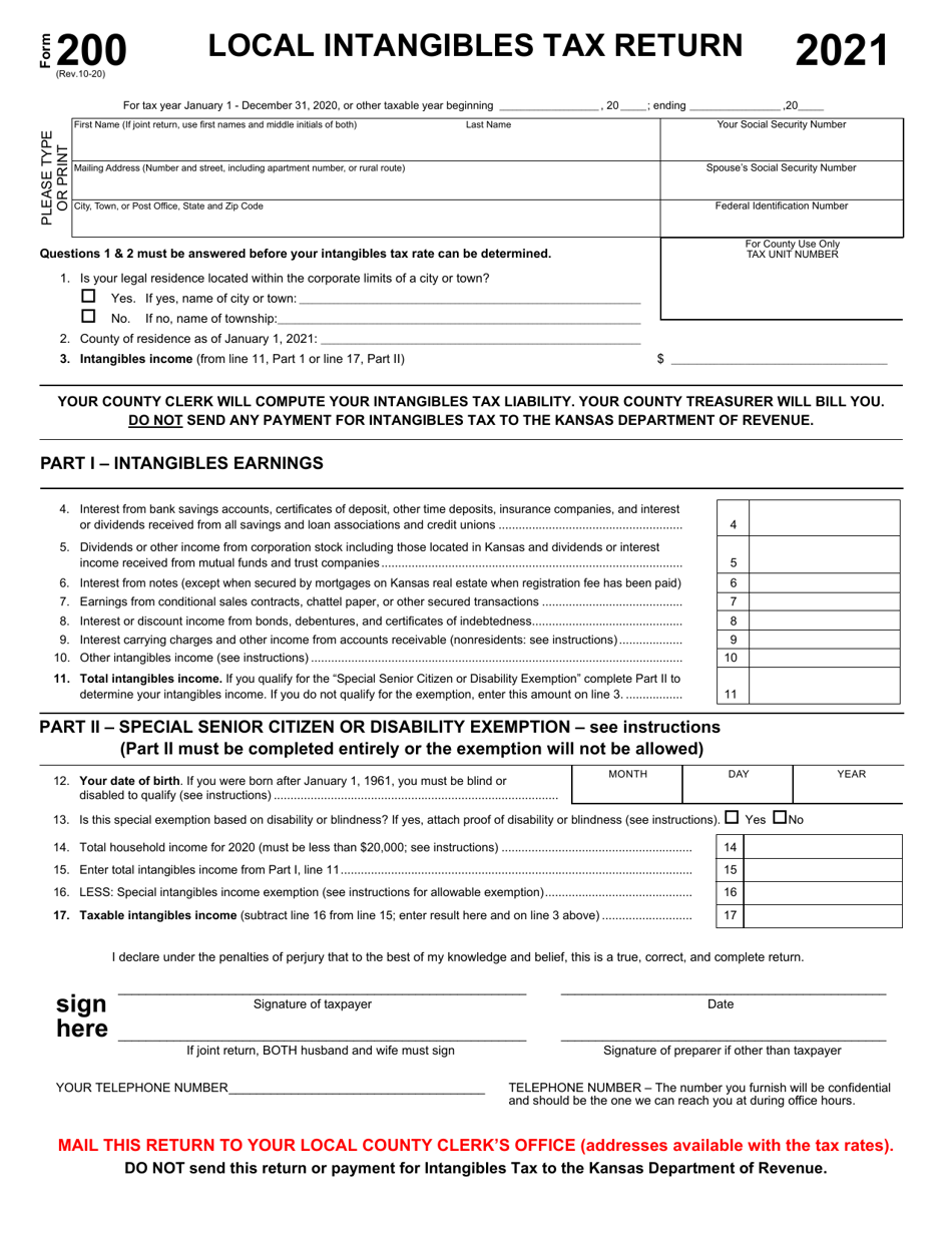 Form 200 Local Intangibles Tax Return - Kansas, Page 1