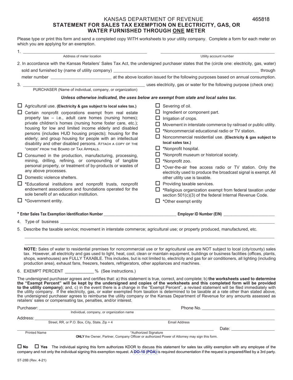 Form ST-28B Statement for Sales Tax Exemption on Electricity, Gas, or Water Furnished Through One Meter - Kansas, Page 1