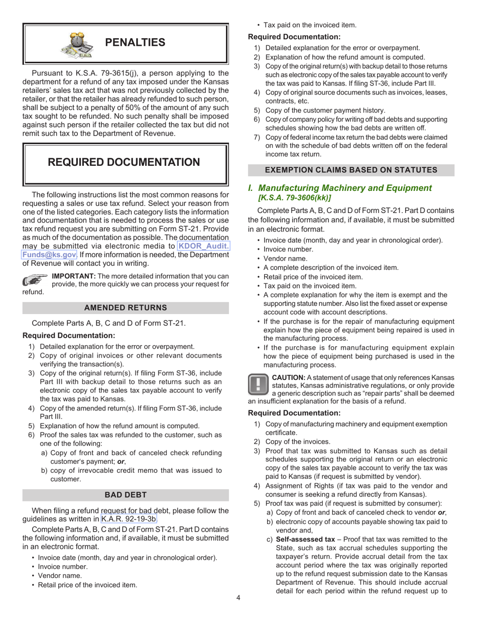 Form ST-21 Kansas Sales and Use Tax Refund Application - Kansas, Page 4