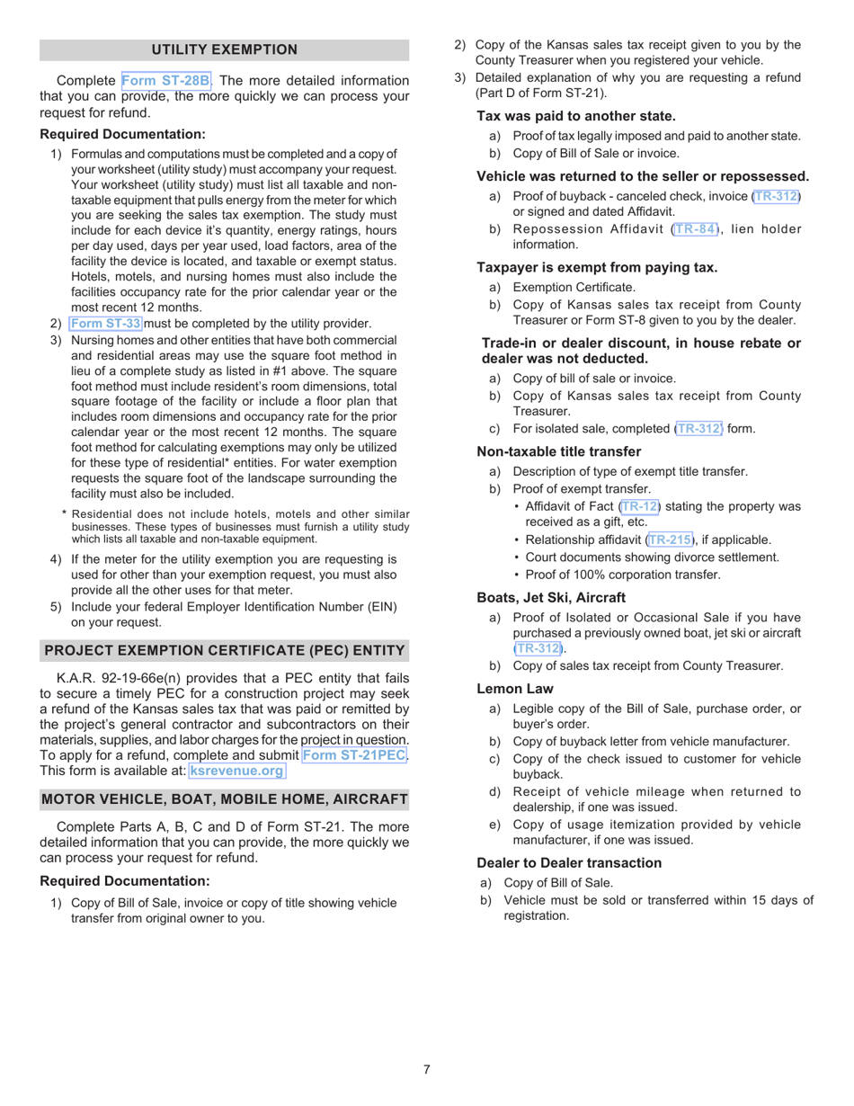 Form ST-21 Kansas Sales and Use Tax Refund Application - Kansas, Page 7
