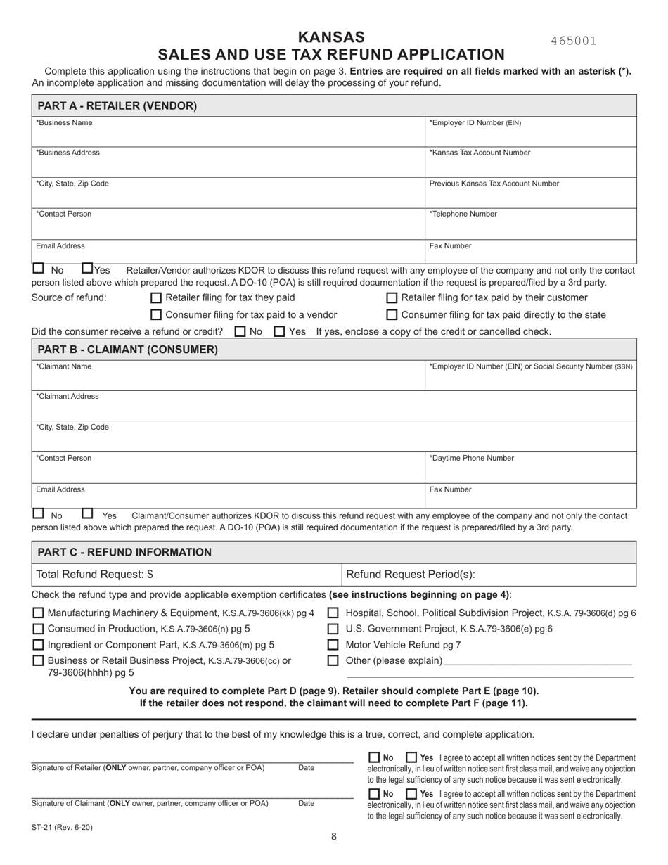 Form ST-21 Kansas Sales and Use Tax Refund Application - Kansas, Page 8