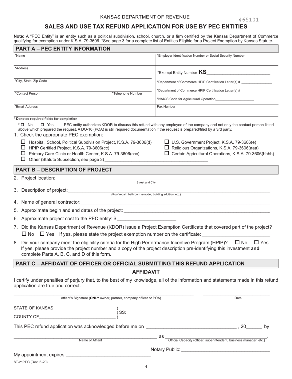 Form ST-21PEC Sales and Use Tax Refund Application for Use by Pec Entities - Kansas, Page 4