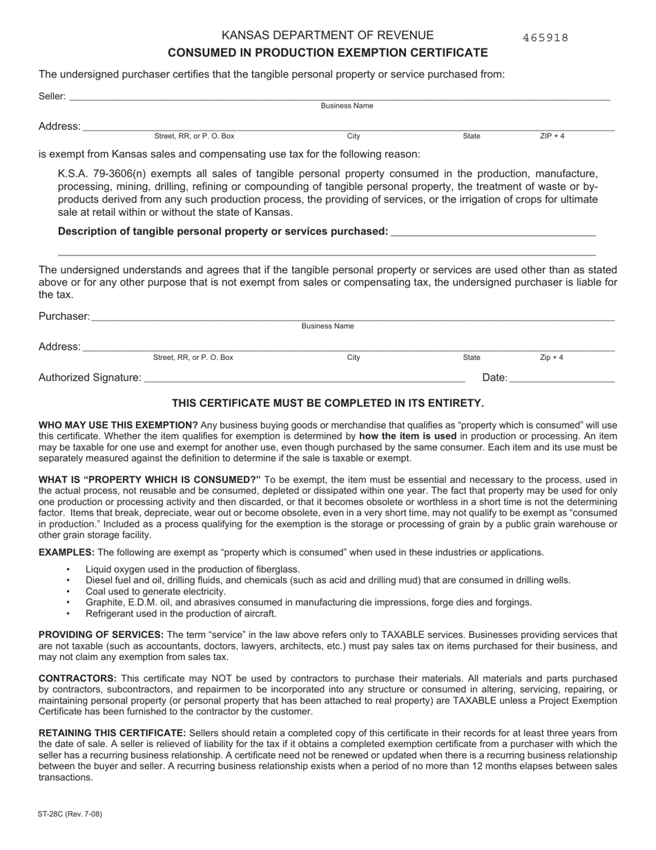 Form ST-28C Consumed in Production Exemption Certificate - Kansas, Page 1