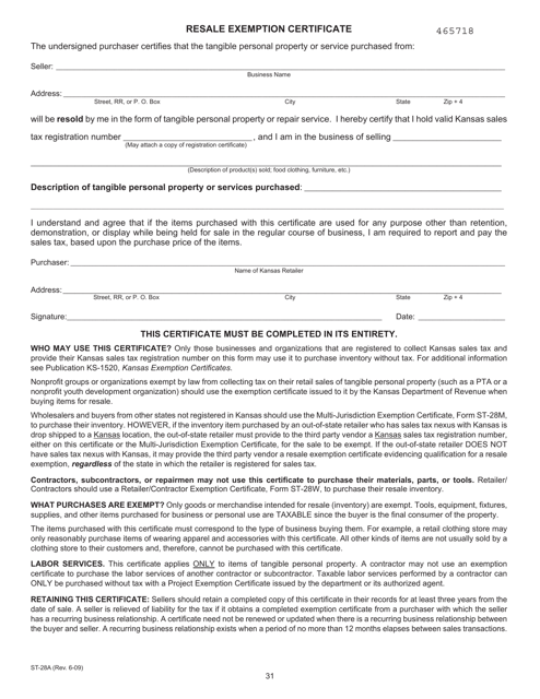Form ST-28A Resale Exemption Certificate - Kansas