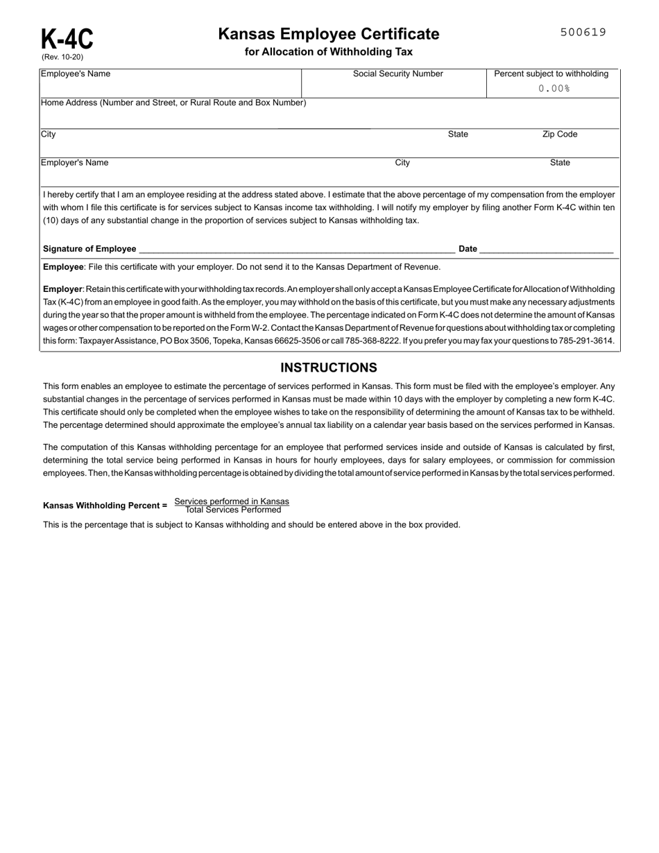 Form K-4C Kansas Employee Certificate for Allocation of Withholding Tax - Kansas, Page 1
