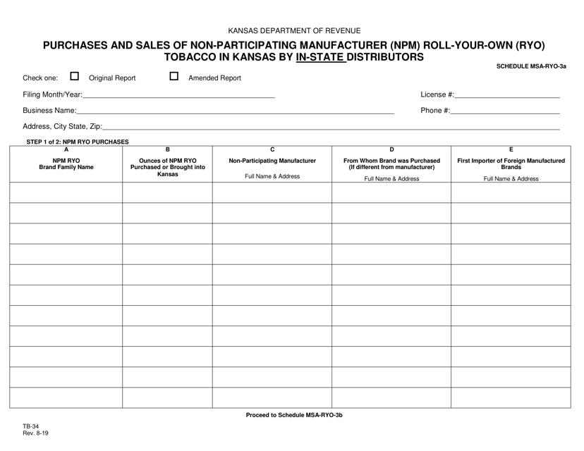 Form TB-34 Schedule MSA-RYO-3A, MSA-RYO-3B Purchases and Sales of Non-participating Manufacturer (Npm) Roll-Your-Own (Ryo) Tobacco in Kansas by in-State Distributors - Kansas