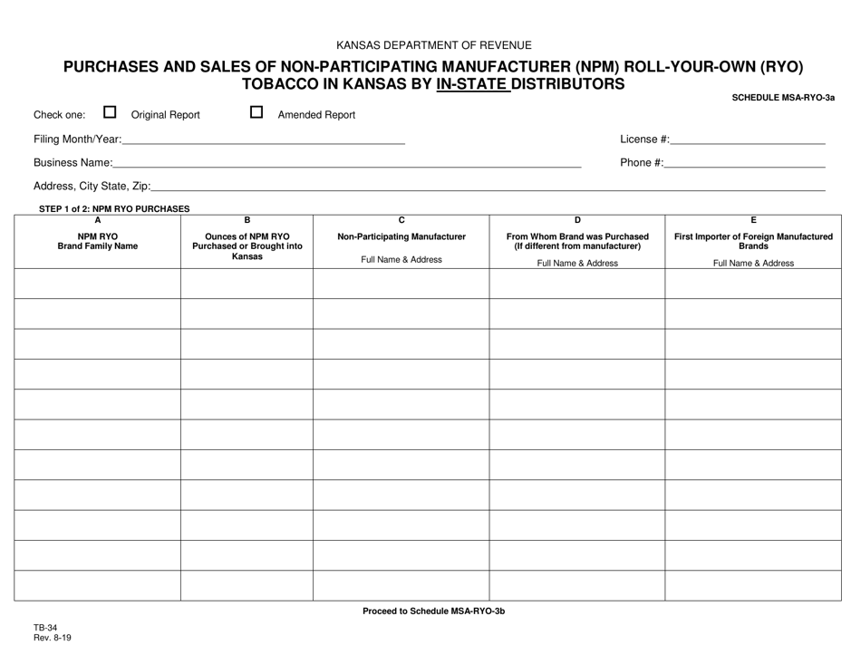 Form TB-34 Schedule MSA-RYO-3A, MSA-RYO-3B Purchases and Sales of Non-participating Manufacturer (Npm) Roll-Your-Own (Ryo) Tobacco in Kansas by in-State Distributors - Kansas, Page 1