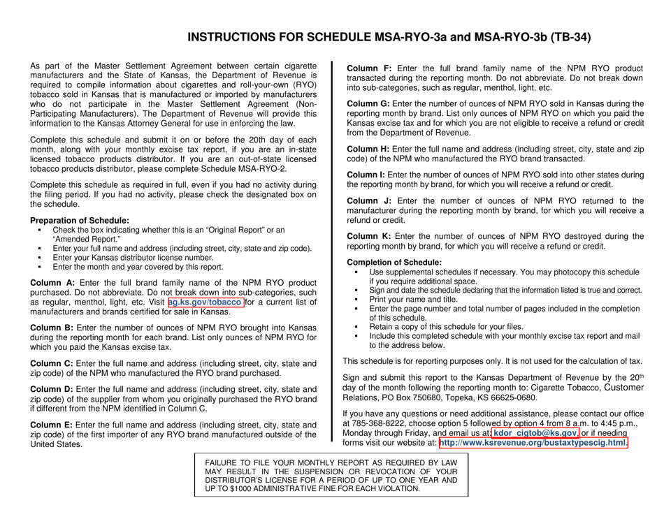 Form TB-34 Schedule MSA-RYO-3A, MSA-RYO-3B Purchases and Sales of Non-participating Manufacturer (Npm) Roll-Your-Own (Ryo) Tobacco in Kansas by in-State Distributors - Kansas, Page 3