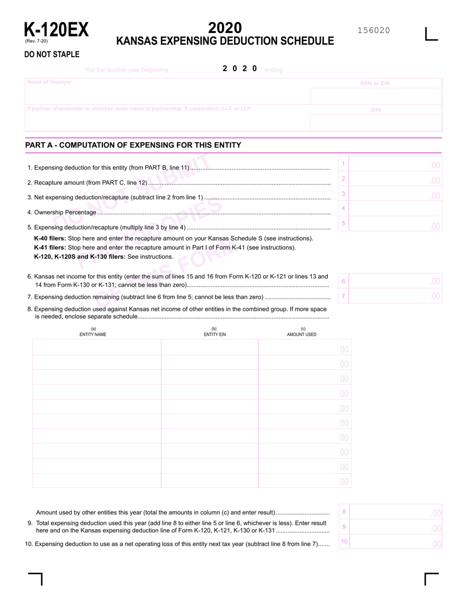 Schedule K-120EX Kansas Expensing Deduction Schedule - Kansas, Page 1