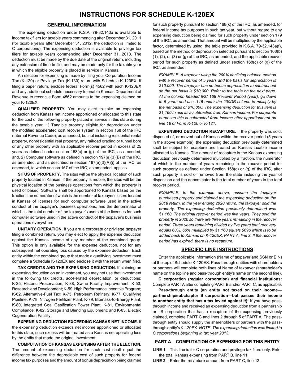 Schedule K-120EX Kansas Expensing Deduction Schedule - Kansas, Page 3