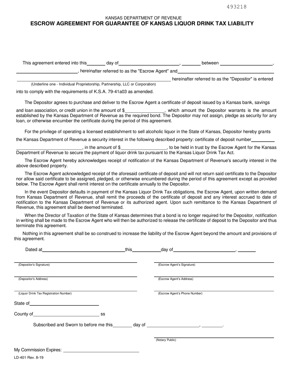Form LD-401 Escrow Agreement for Guarantee of Kansas Liquor Drink Tax Liability - Kansas, Page 1