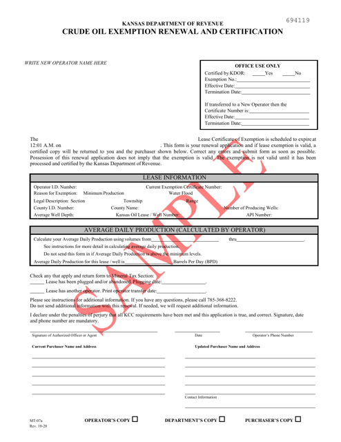 Form MT-07A Crude Oil Exemption Renewal and Certification - Sample - Kansas