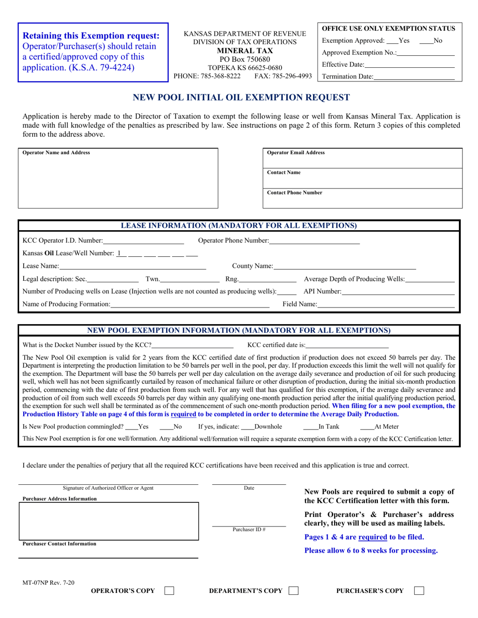 Form MT-07NP New Pool Initial Oil Exemption Request - Kansas, Page 1