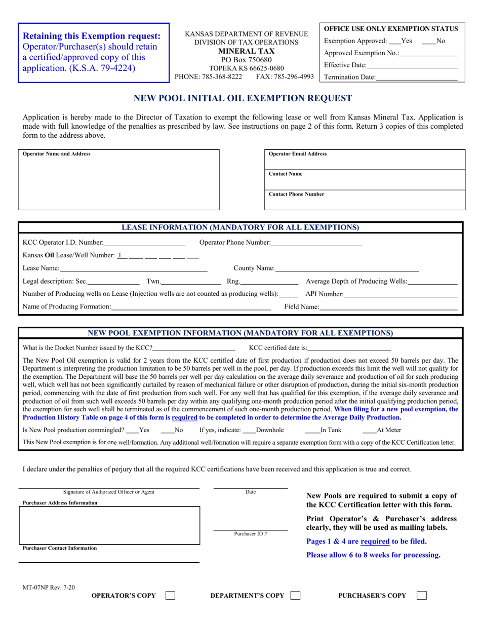 Form MT-07NP New Pool Initial Oil Exemption Request - Kansas, Page 3