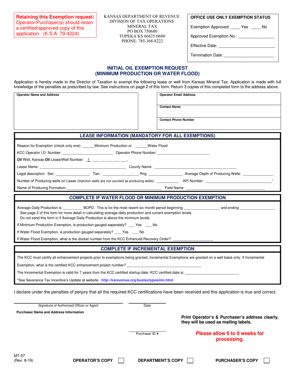 Form MT-07 Initial Oil Exemption Request (Minimum Production or Water Flood) - Kansas, Page 3