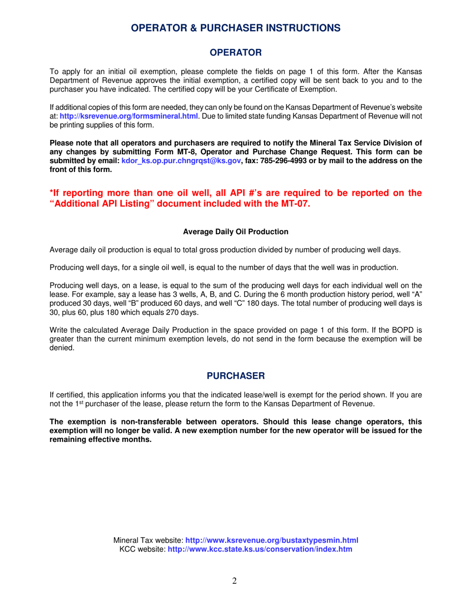 Form MT-07 Initial Oil Exemption Request (Minimum Production or Water Flood) - Kansas, Page 4