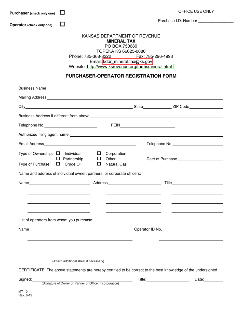 Form MT-10 Purchaser-Operator Registration Form - Kansas, Page 1