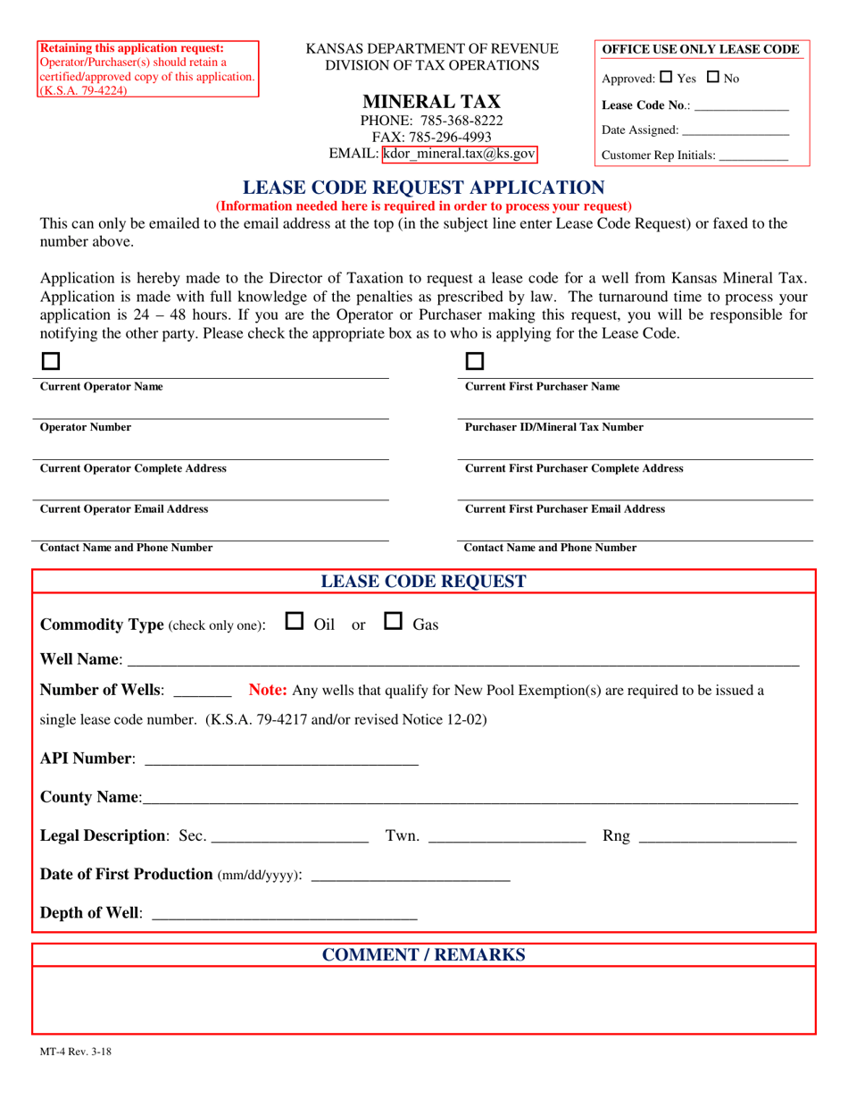 Form MT-4 Lease Code Request Application - Kansas, Page 1