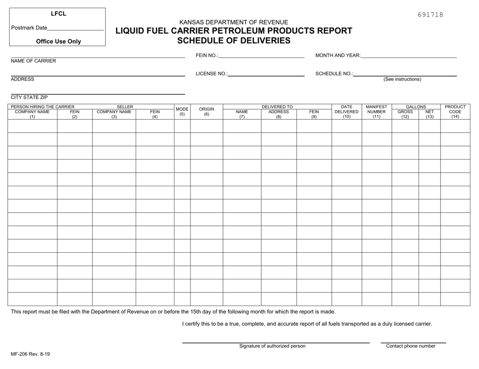 Form MF-206 Liquid Fuel Carrier Petroleum Products Report - Schedule of Deliveries - Kansas, Page 1