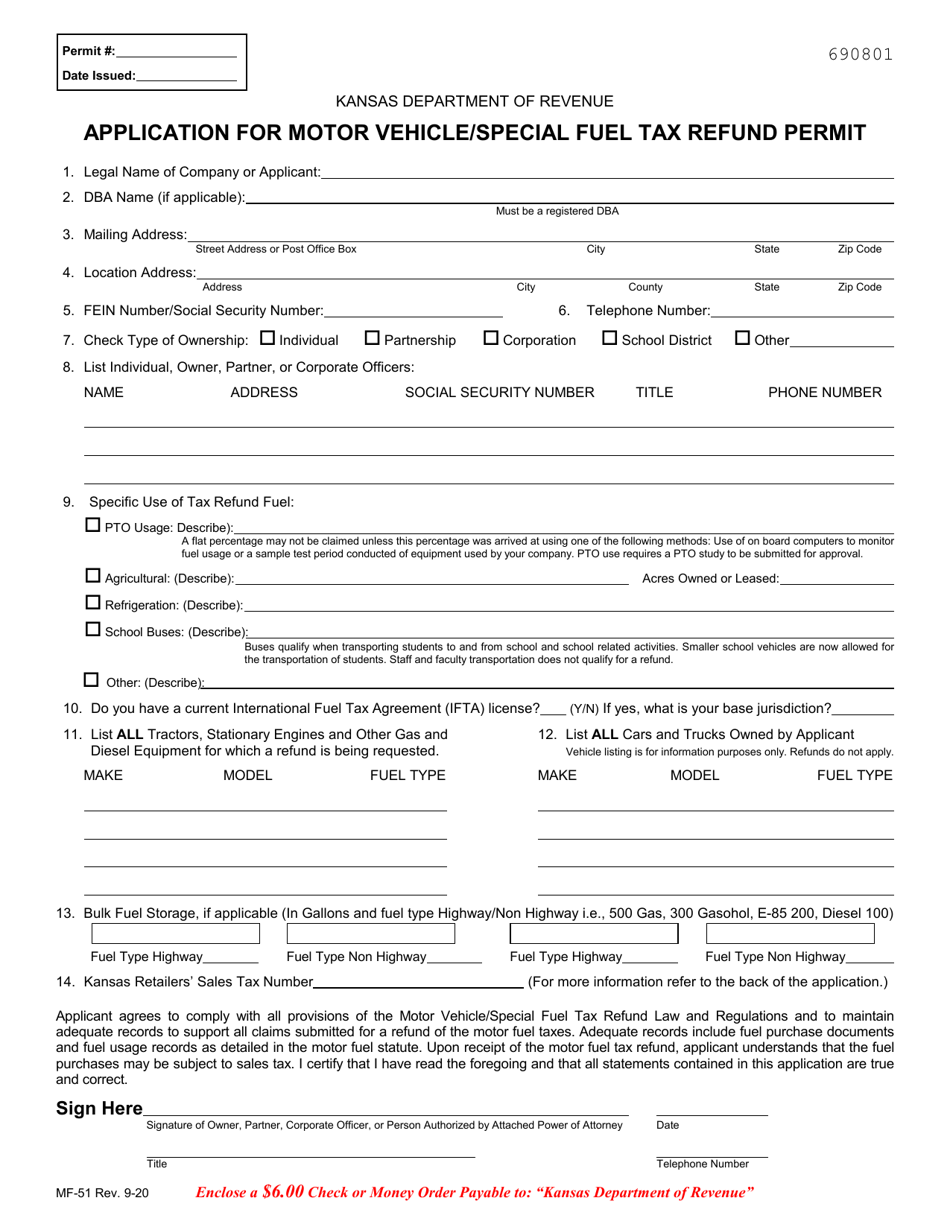 Form MF-51 Application for Motor Vehicle/Special Fuels Tax Refund Permit - Kansas, Page 1