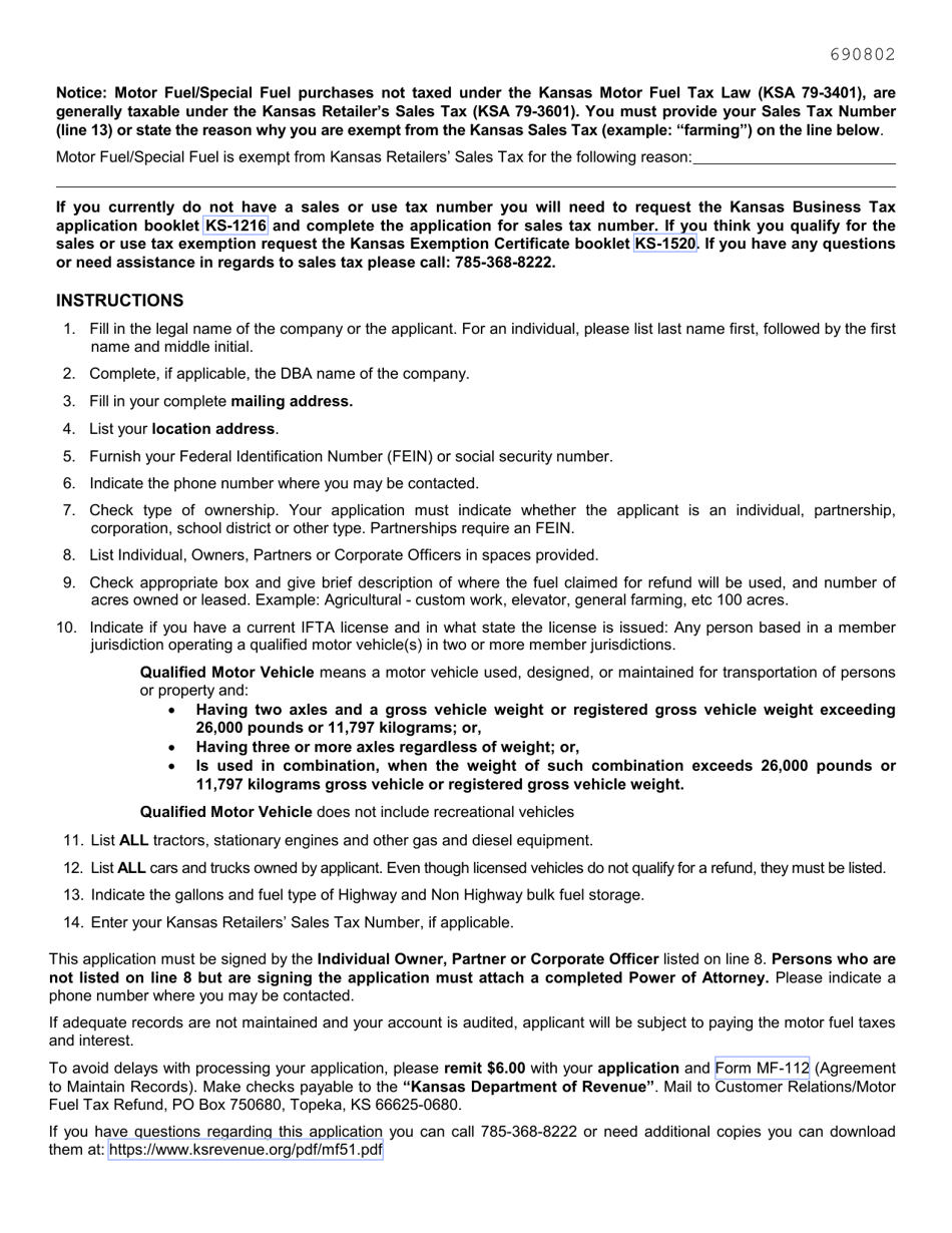 Form MF-51 Application for Motor Vehicle / Special Fuels Tax Refund Permit - Kansas, Page 2