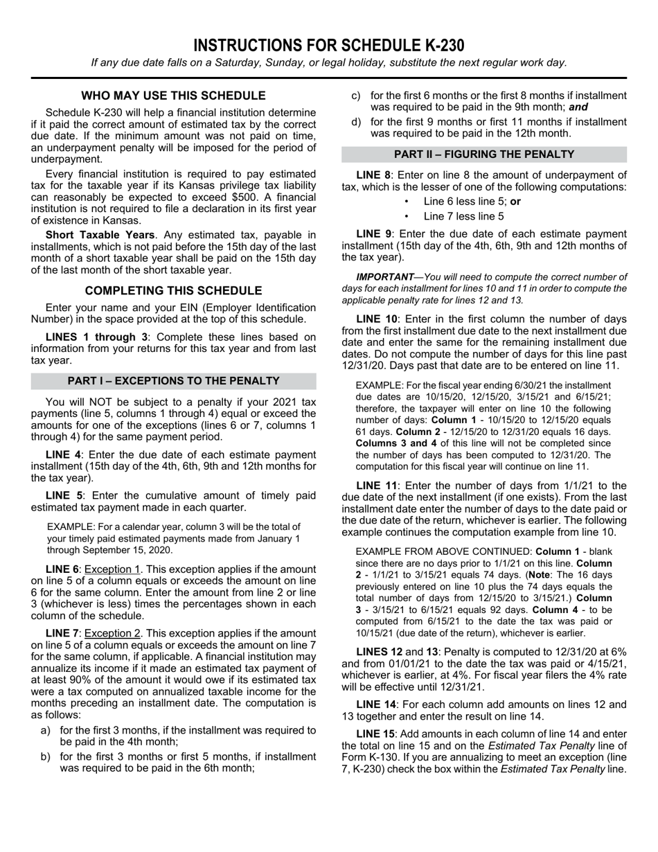 Schedule K-230 Underpayment of Estimated Tax (Privilege Tax) - Kansas, Page 2