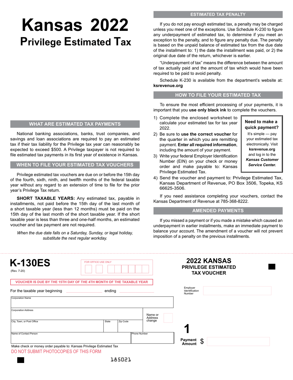 Form K-130ES Privilege Estimated Tax Voucher - Kansas, Page 1