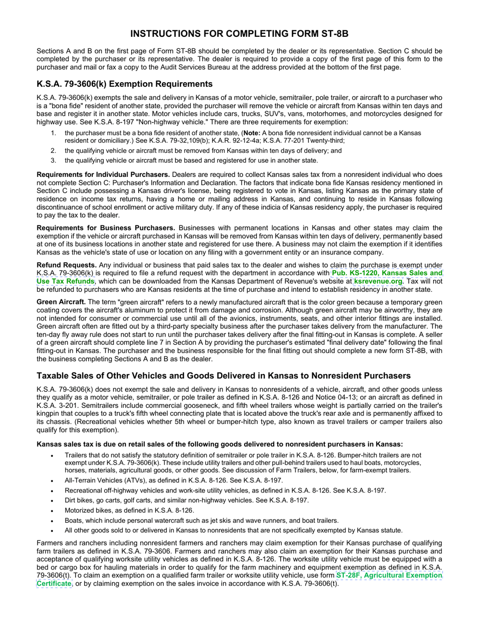 Form ST-8B Dealer / Purchaser Declaration of Exemption for Certain Vehicles and Aircraft Sold to Nonresidents for Removal From Kansas - Kansas, Page 2
