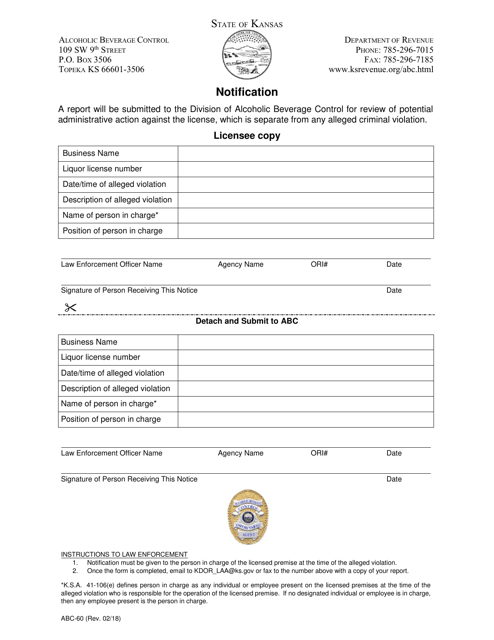 Form ABC-60 Law Enforcement Notification - Kansas