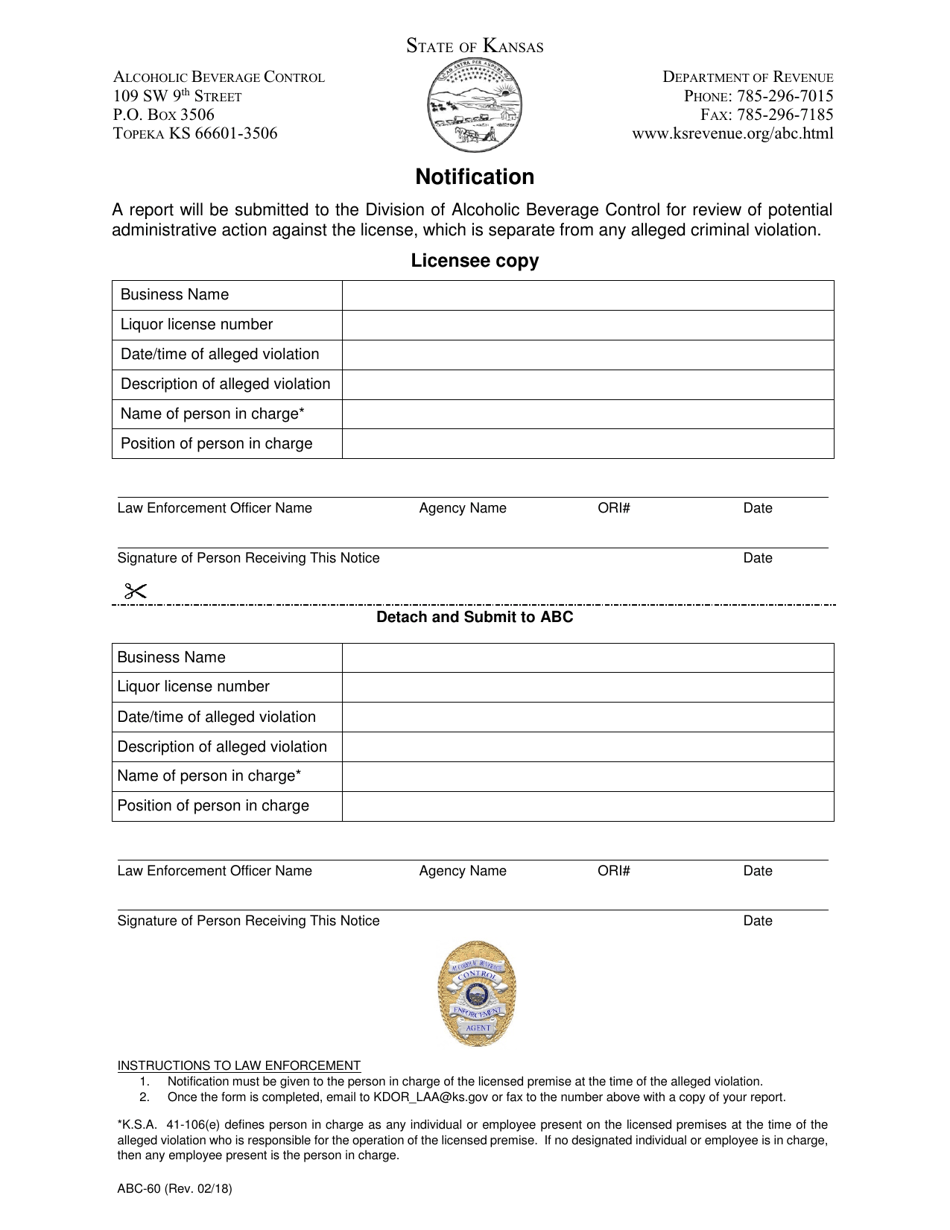 Form ABC-60 Law Enforcement Notification - Kansas, Page 1