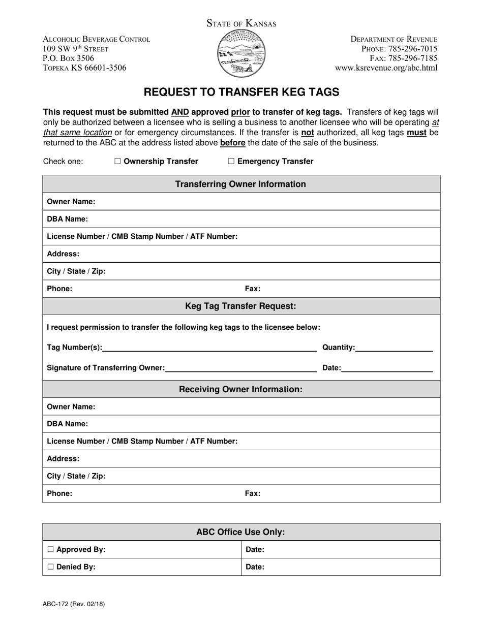 Form ABC172 Fill Out, Sign Online and Download Fillable PDF, Kansas